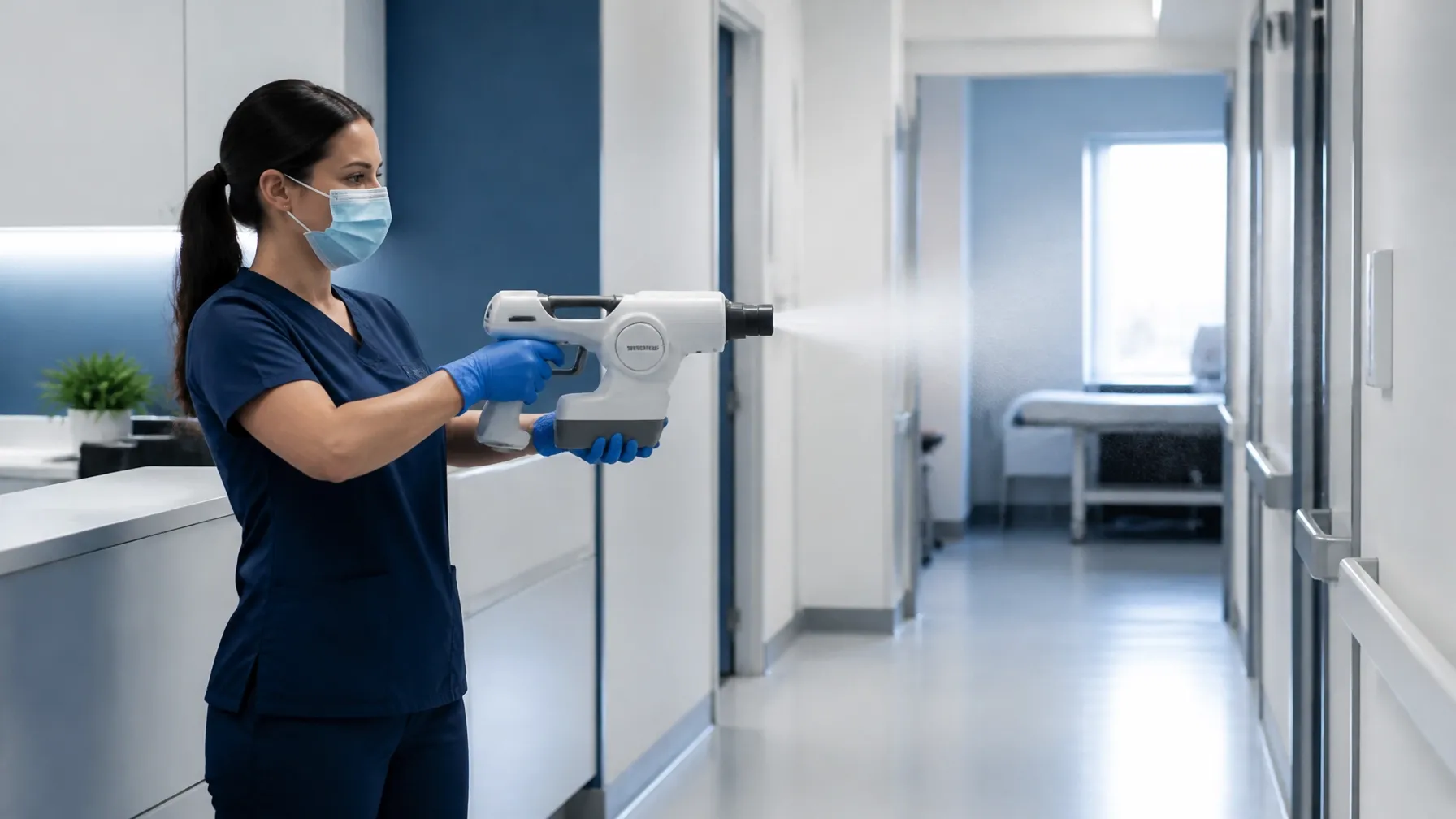 Cleaning technician using a sprayer to disinfect a medical facility