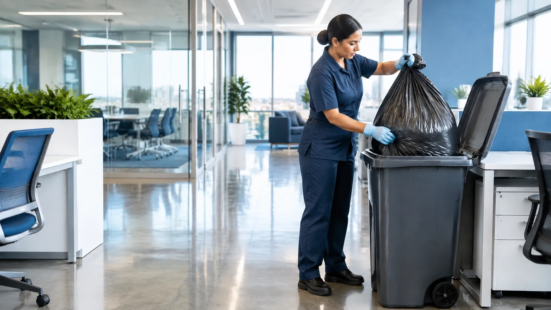 Cleaning professional removing trash from an office building