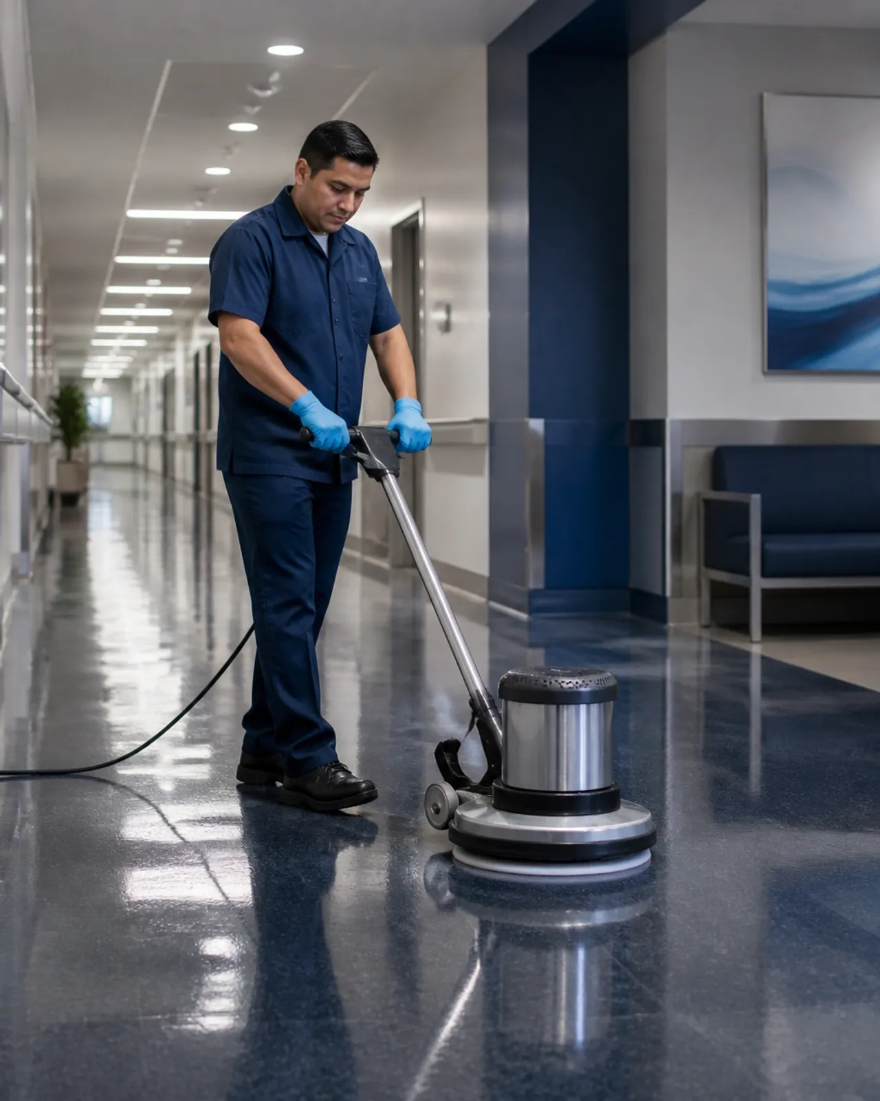 Technician buffing a polished corporate floor