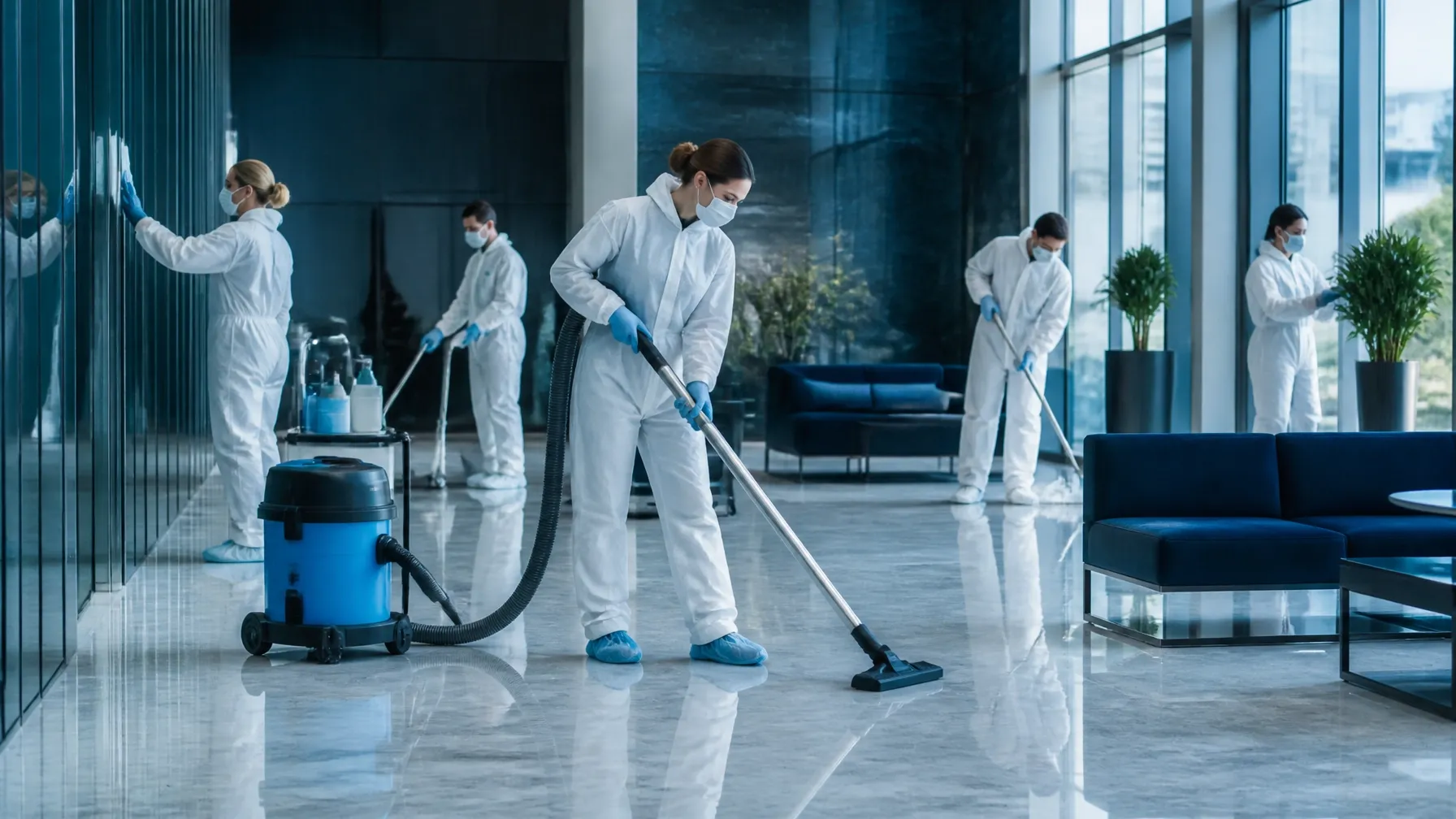 Professional cleaning crew in a modern corporate lobby