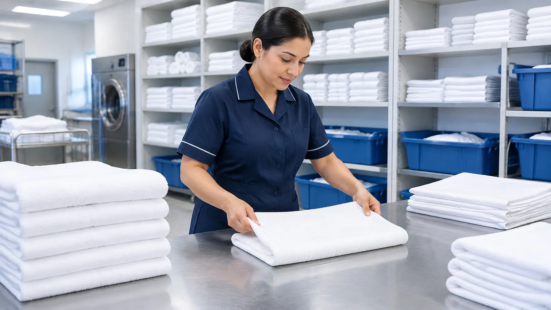 Hotel laundry attendant folding fresh towels in a linen room