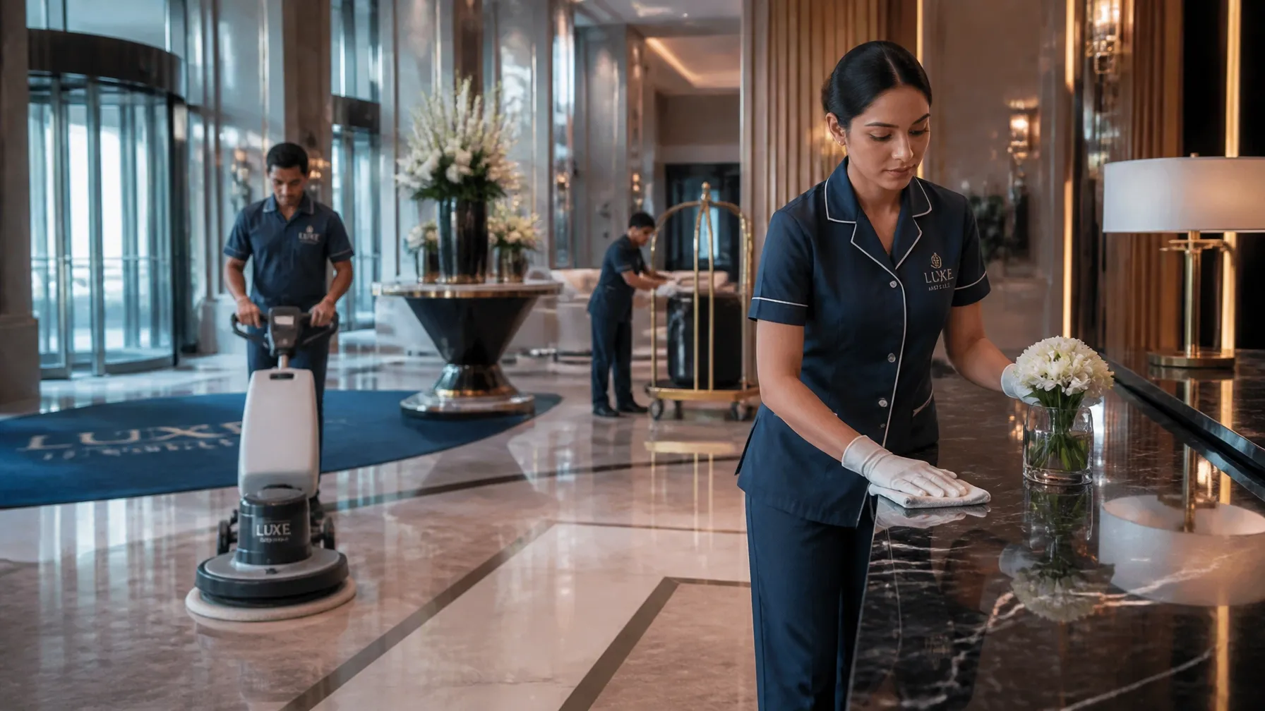 Hospitality housekeeping crew in an upscale hotel lobby