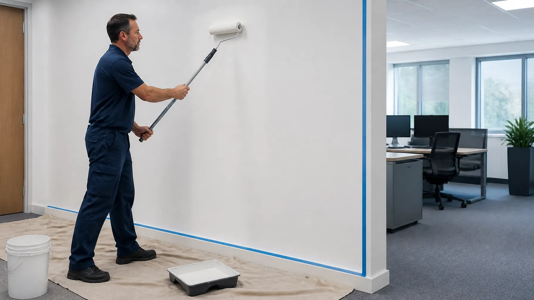Facilities painter applying a clean finish in a corporate interior